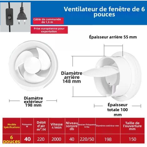 Ventilateur Extracteur d'air 198 mm , 2000tr/min 220m³/h, VMC , Débit D'Air Puissant DC Facile Installer Salle de Bain Lavoir Garage,6 pouces