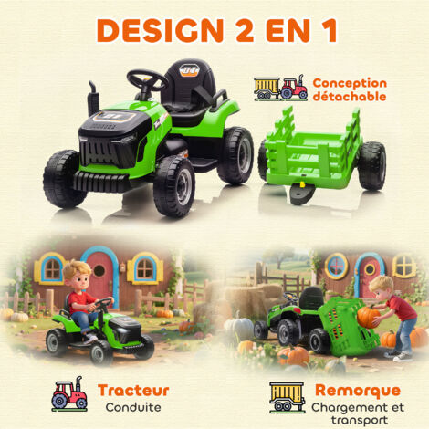 12V Tracteur Électrique Enfant avec Remorque Amovible, Télécommande, Voiture Électrique à 6 Pneus, Lumière LED, Musique, Charge 30kg, Vert - Gamm vert