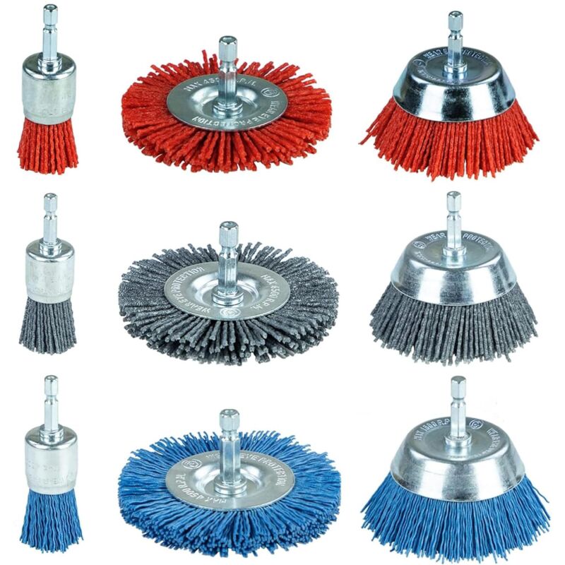 GIONAR Lot de 9 embouts de ponçage pour perceuse, brosse en nylon avec tige hexagonale de 1/4, brosses à pot, fil de ponçage, rouille efficace, corrosion et élimination de la peinture pour visseuse