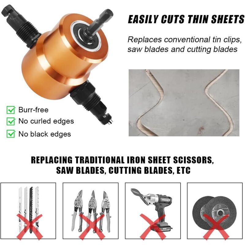 Coupeur Grignoteuse Tôle Double Tête 360° - Accessoire Perceuse 1500-3000 Tr/min Coupe 12mm