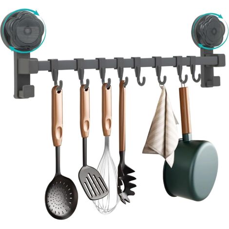 Porte Ustensiles Mural 50 Cm Sans Perçage - Support Cuisine Avec 10 Crochets Amovibles Noir Aluminium