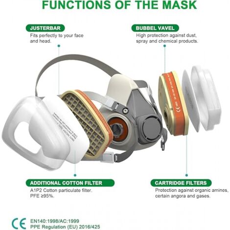 Masque De Protection A1P2 Avec Lunettes - Filtre Poussières Et Gaz, 10 Filtres Inclus - 7
