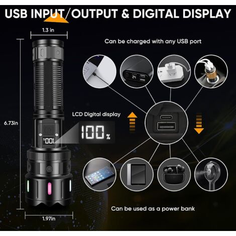 Prix Quotidien! Lampe de Poche Rechargeable Super Lumineuse avec Lumière de Travail COB, Lampe de Poche LED Haute Puissance pour Urgences, Randonnée et Camping