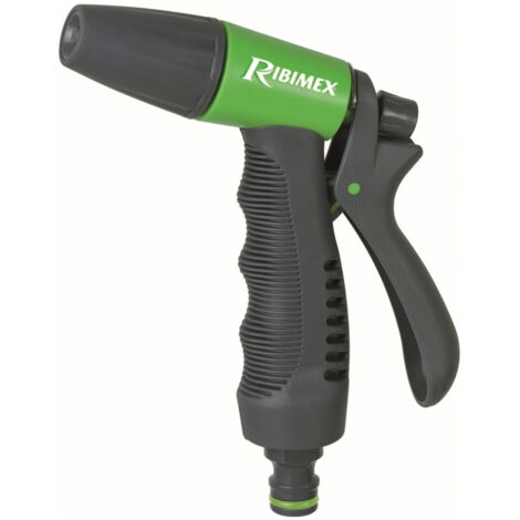 Pistolet d'arrosage à déclenchement frontale. Fabriqué en bi matière : plastique avec poignée en caoutchouc soft-touch