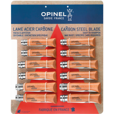 Lot de 12 couteaux avec lame en acier carbone – Manche en hêtre verni teinté – Bague de sécurité pour maintien – Présentoir mural inclus – Opinel