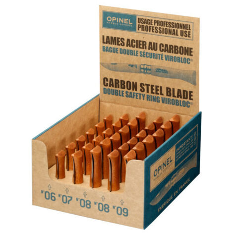 Display de 30 couteaux de poche en acier au carbone – Lame incurvée Yatagan – Manche hêtre vernis – Système de sécurité Virobloc – Opinel