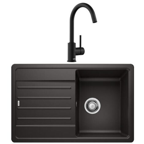 Blanco – Pack évier à encastrer LEGRA 45S 1 bac – Finition Silgranit® noir – Mitigeur MIDA col de cygne orientable 360° – Siphon inclus