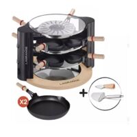 Appareil à raclette 8 personnes – 2 x 450 W – 8 coupelles + 2 grandes – Inox et bois – 3 plateaux en verre trempé – Accessoires inclus – Lagrange