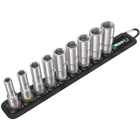 Wera – Coffret de 9 douilles longues 3/8" – Mécanisme Twist to Unlock – Système Take it easy – Douilles Ø 8 à 19 mm (1/8)