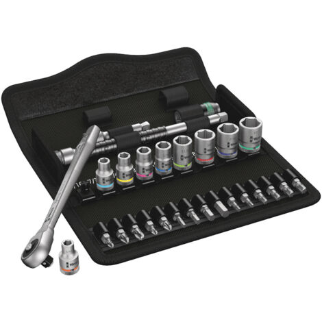 Wera – Set de douilles et embouts de vissage 1/4' – 28 pièces – Angle de reprise 4,7° – Cliquet forgé 100% métal – Utilisation dans espaces restreints