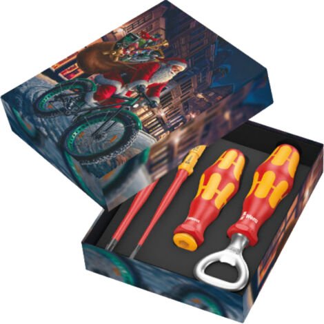 Coffret multi-outils Kraftform Kompakt VDE 4 pièces – Lames interchangeables VDE 157mm – Porte-embouts isolé VDE – Décapsuleur Wera