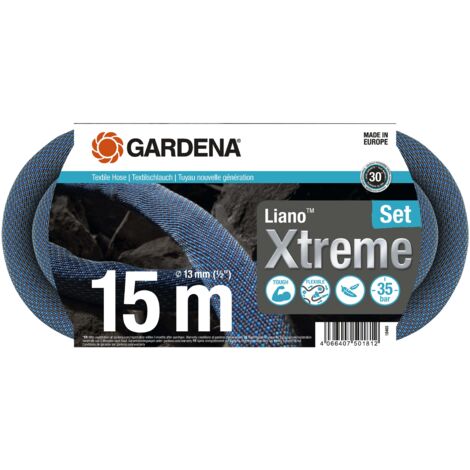 GARDENA Kit tuyau Liano™Xtreme 15m. Kit complet. Tuyau d'arrosage. Léger et très résistant. 13 mm. Pression de rupture 35 bar. Tuyau textile. (18465-20)