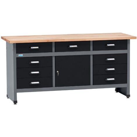 Banco da lavoro Küpper modello 12879, larghezza 170 cm, 9 cassetti, 1 anta, portata 300 kg, piano di lavoro in faggio massiccio da 30 mm