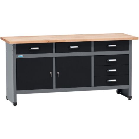 Banco da lavoro Küpper 12179, larghezza 170 cm, 6 cassetti, 2 ante, portata 300 kg, piano di lavoro in faggio massiccio da 30 mm