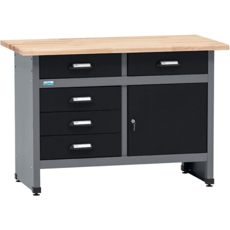 Banco da lavoro Küpper 12049, larghezza 120 cm, 5 cassetti, 1 anta, portata 300 kg, piano di lavoro in faggio massiccio da 30 mm