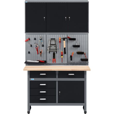 Set risparmio Küpper Werkstatt 70424-9, larghezza 120 cm, banco da lavoro, pensile, pannello forato incl. 12 ganci standard