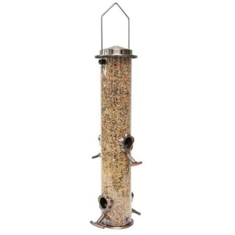 1 Stück Vogelfutterspender aus Metall mit 4 Futteröffnungen, Vogelfutterspender in Rohrform mit Stahlhaken, Wildvogelfutterspender aus Hartplastik zum Aufhängen im Freien (1/5)
