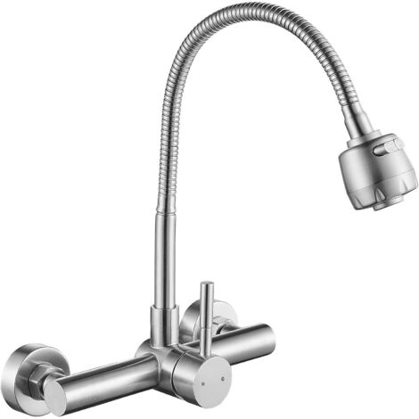 Küchenarmatur zur Wandmontage mit 8-Zoll-Mittelstück und flexiblem Sprüher, Mischbatterie aus Edelstahl, Spültischarmatur aus gebürstetem Nickel, bleifrei.