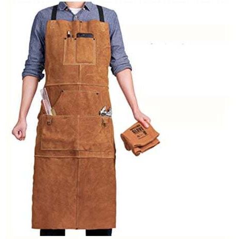Schweißerschürze mit 6 Taschen, hitzebeständige und feuerfeste Lederarbeitsschürze, verstellbare Schreinerschürze für Herren (Größen M bis XXXL), ideal für Schmiede, Mechaniker und Werkstätten