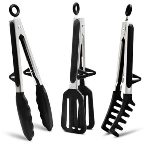 Stück 26 cm Edelstahl Küchenzange, Lebensmittelzange, Spaghettizange, Grillzange, Silikon Küchenzange für Grillen, Salat, Küche (Schwarz)