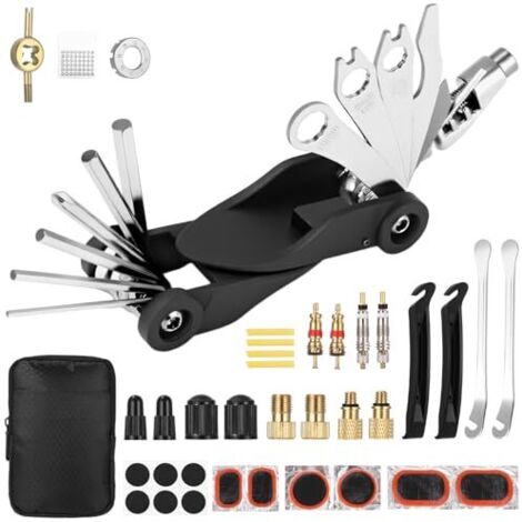 Kit di riparazione pneumatici per bici, kit di riparazione bici 17 in 1, kit antiforatura per bici per campeggio e viaggio con borsa portaoggetti, utilizzato per mountain bike e bici da strada, rimovi (1/5)