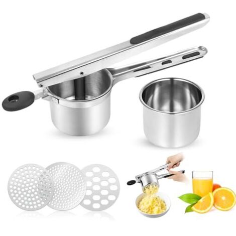 Schiacciapatate, schiacciapatate manuale con 3 dischi intercambiabili, schiacciapatate professionale in acciaio inox, ideale per frutta, verdura e alimenti per bambini. (1/5)