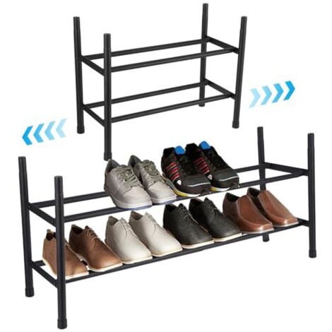Scarpiera a 2 ripiani, ripiano estensibile per scarpe da 44-82 cm, scarpiera in acciaio inox, portascarpe stabile in nero, portascarpe salvaspazio per piccoli spazi
