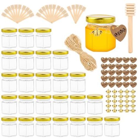 48 Mini Barattoli Di Vetro Per Miele Da 56,7g Con Coperchi Oro, Mestoli, Etichette E Sacchetti - Kit Bomboniere