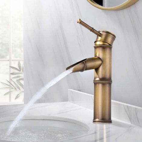 [MAI USATO] Miscelatore per lavabo da bagno a cascata in ottone, rubinetto da bagno retrò in bambù, 2 giunti a bocca di rottura (1/5)