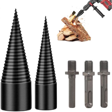 [MAI USATO]Punta per spaccare il legno con 3 manici (esagonale+quadrata+rotonda), spaccalegna conico 32 mm+42 mm, spaccalegna, punta per spaccare il legno o la legna, vite conica per trapano, spaccale