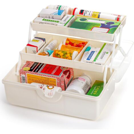[MAI USATO]Scatola porta medicinali a 3 strati - Portatile con maniglia, pronto soccorso, farmacia - Trasparente/bianco