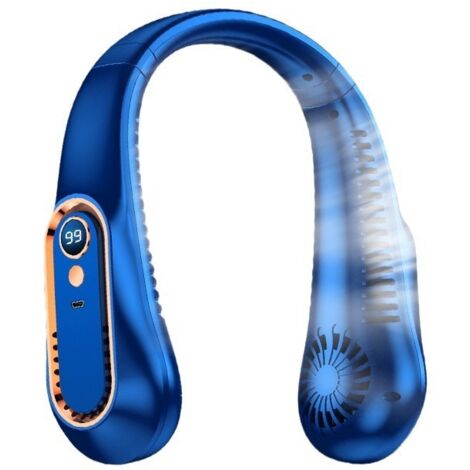 [MAI USATO]Ventilatore da collo, tappetino di raffreddamento e luci, display digitale, portatile, senza pale, ricaricabile, per donne, uomini, vacanze, viaggi, campeggio (blu)