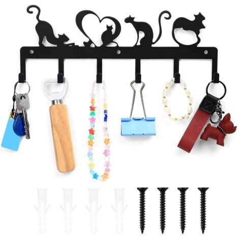 [MAI USATO] Portachiavi da parete, portachiavi da parete, portachiavi da parete con 6 ganci, portachiavi nero, portachiavi da parete per bagno, ingresso, cucina, ufficio, decorazione (gatto carino) (1/5)