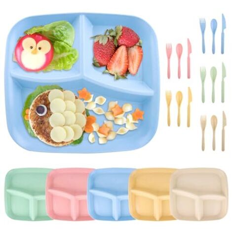 Piatto da portata da 5 pezzi, piatti infrangibili, piatti divisi da 3 scomparti, piatto di plastica riutilizzabile per adulti e bambini, con coltelli, forchette e cucchiai