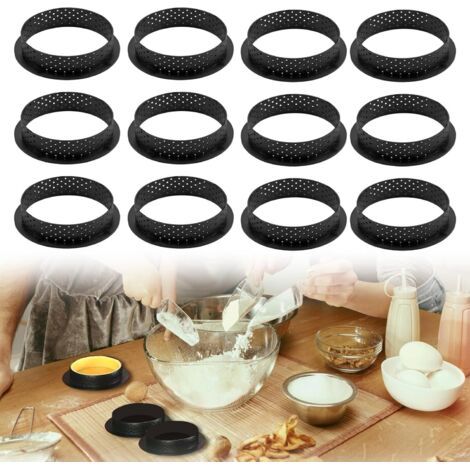 12 stampi per crostatine da 8 cm, anelli per crostatine perforati in plastica di alta qualità, ideali per cuocere pasticcini, torte e dessert, riutilizzabili e facili da pulire (1/5)