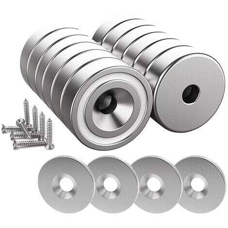 12 pezzi Magneti al neodimio 10 kg forza 20 x 7 mm con foro e capsula, magnete con base svasata con vite e 12 cuscinetti in acciaio (argento brillante)