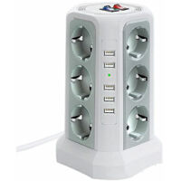 Multipresa con protezione da sovratensioni, multipresa elettrica con 5 porte USB e 12 prese, multipresa con 3 interruttori, bianco + grigio argento
