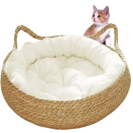 Cama tipo cesta para gatos, nido tejido de 38 cm con cojín suave, redonda y resistente a arañazos para gatos de interior, ideal para gatitos de interior.