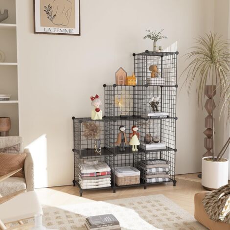 Estantería modular tipo cubo, mueble tipo cubo, 9 estantes de metal para oficina, salón y dormitorio, color negro (1/5)