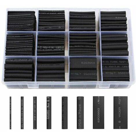 Kit de tubos termorretráctiles negros de 650 piezas, 8 tamaños, relación 2:1, color negro (grande)