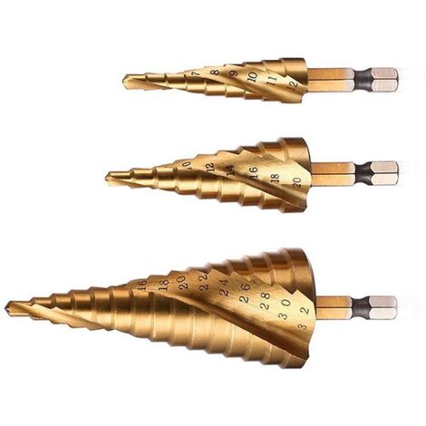 Juego de brocas escalonadas con ranuras en espiral, acero de alta velocidad con revestimiento de titanio, vástago hexagonal métrico de 4 mm a 12/20/32 mm, herramienta de corte HSS para bricolaje en pl (1/5)