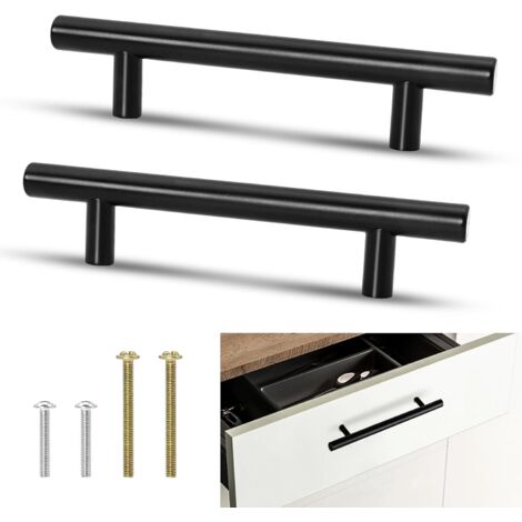 Paquete de 10 tiradores de acero inoxidable para armarios de cocina con tornillos para armarios y cómodas (distancia entre agujeros de 96 mm), color negro. (1/5)