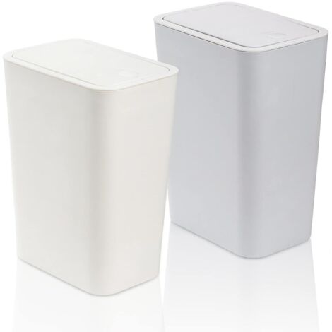 Cubos de basura de plástico de 7,5 litros con tapa a presión, paquete de 2, ideal para cocina, baño, salón, oficina y espacios estrechos (blanco y azul)