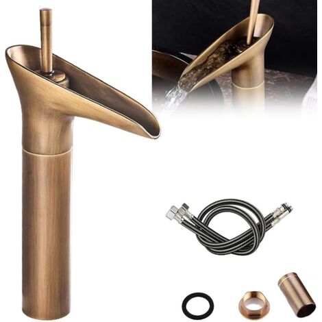 Grifo monomando de cobre para lavabo, mezclador de agua fría y caliente, acabado bronce, para lavabo de baño. (1/5)