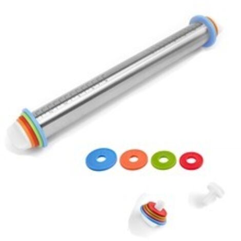 Rodillo de acero inoxidable de 43,2 cm, antiadherente, con anillos ajustables (2-8 mm), tapete de silicona antiadherente con raspador y cepillo para pizza, pasta y galletas. (1/5)