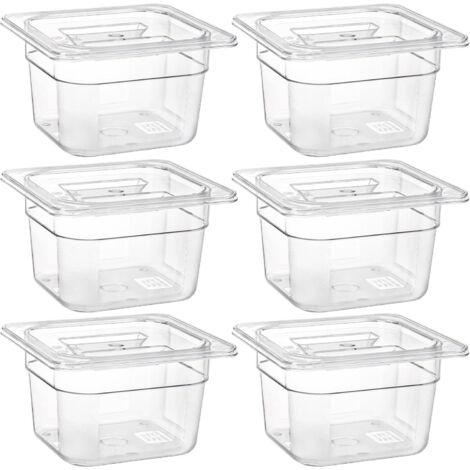 Paquete de 6 recipientes de policarbonato transparente con tapa para cocina y restaurante, de 10 cm de profundidad. (1/5)