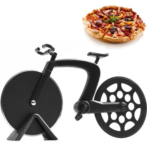 Cortador de pizza en forma de bicicleta, antiadherente, con soporte, cuchillas superafiladas, ideal para cortar pizza, decoración ideal y regalo creativo (19 x 10,3 cm, negro) (1/5)