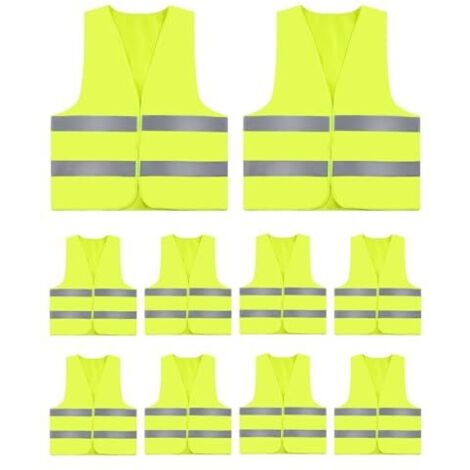 Paquete de 10 chalecos reflectantes de seguridad amarillos de alta visibilidad, para adultos y niños, para coche, fluorescentes, para bicicletas y obras.