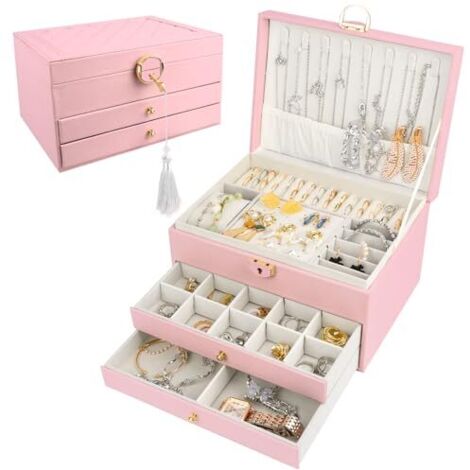 Joyero, Almacenamiento de joyas de 3 niveles, Joyero para niñas, Joyero para mujeres, Caja de almacenamiento de joyas, Almacenamiento de joyas para mujeres para aretes, collares, anillos,