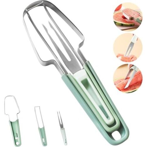 Cortador de sandía 3 en 1 de acero inoxidable, herramienta para cortar sandía con tenedor, cuchillo para cortar sandía, ideal para el hogar, la cocina y el camping. (1/5)